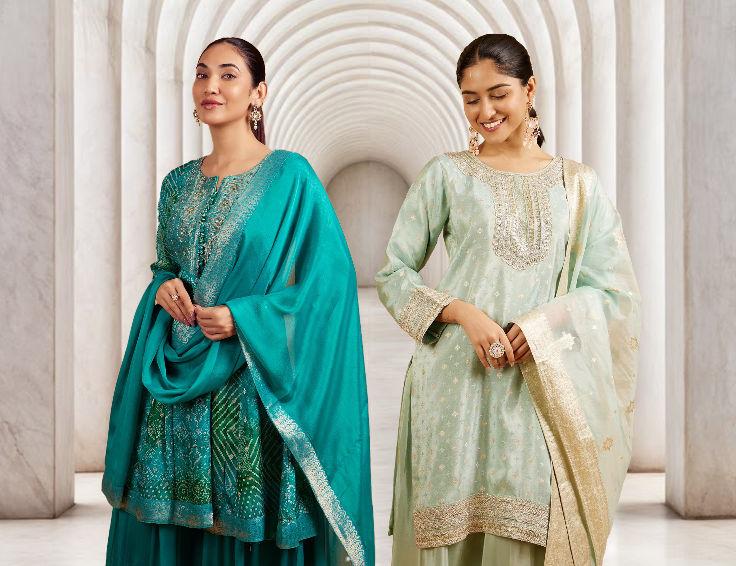 A soft beige Sharara suit set adorned with elegant sequin work.